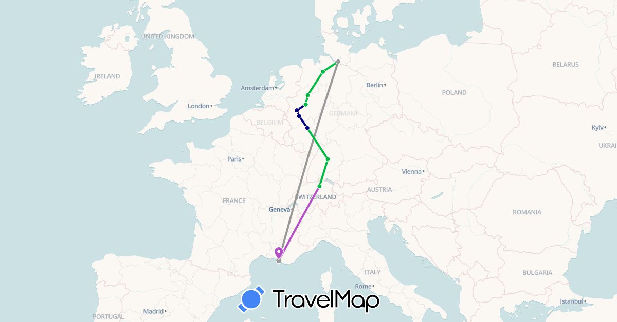 TravelMap itinerary: driving, bus, plane, train in Switzerland, Germany, France (Europe)